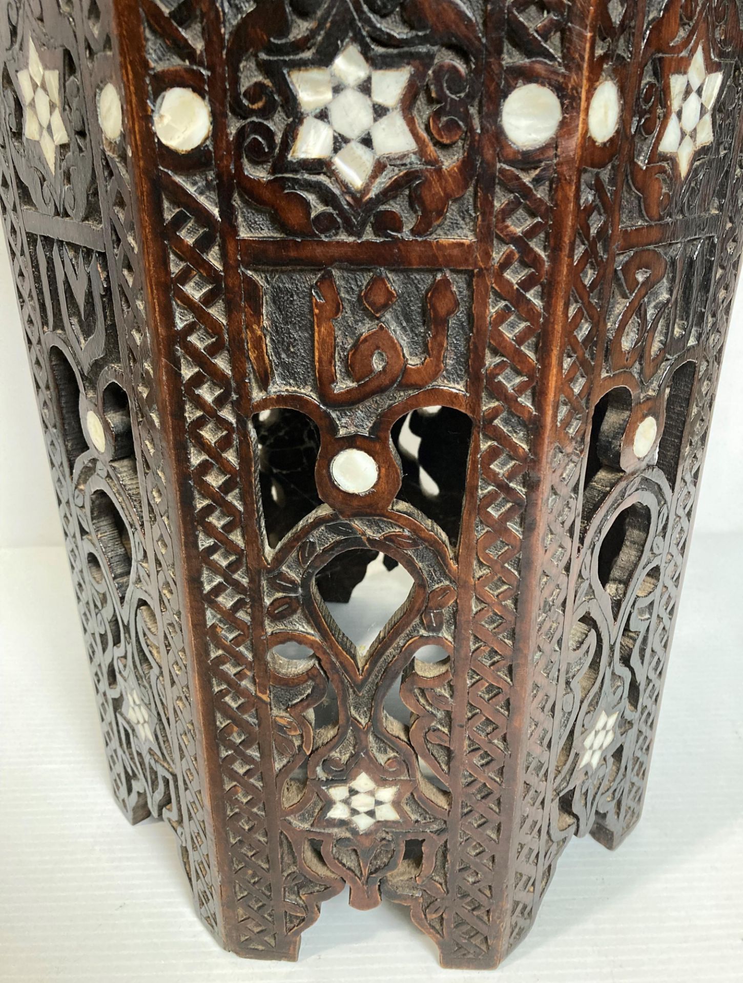 A hand-carved wooden Moorish eastern octagonal side table with mother of pearl inlay, - Image 5 of 6