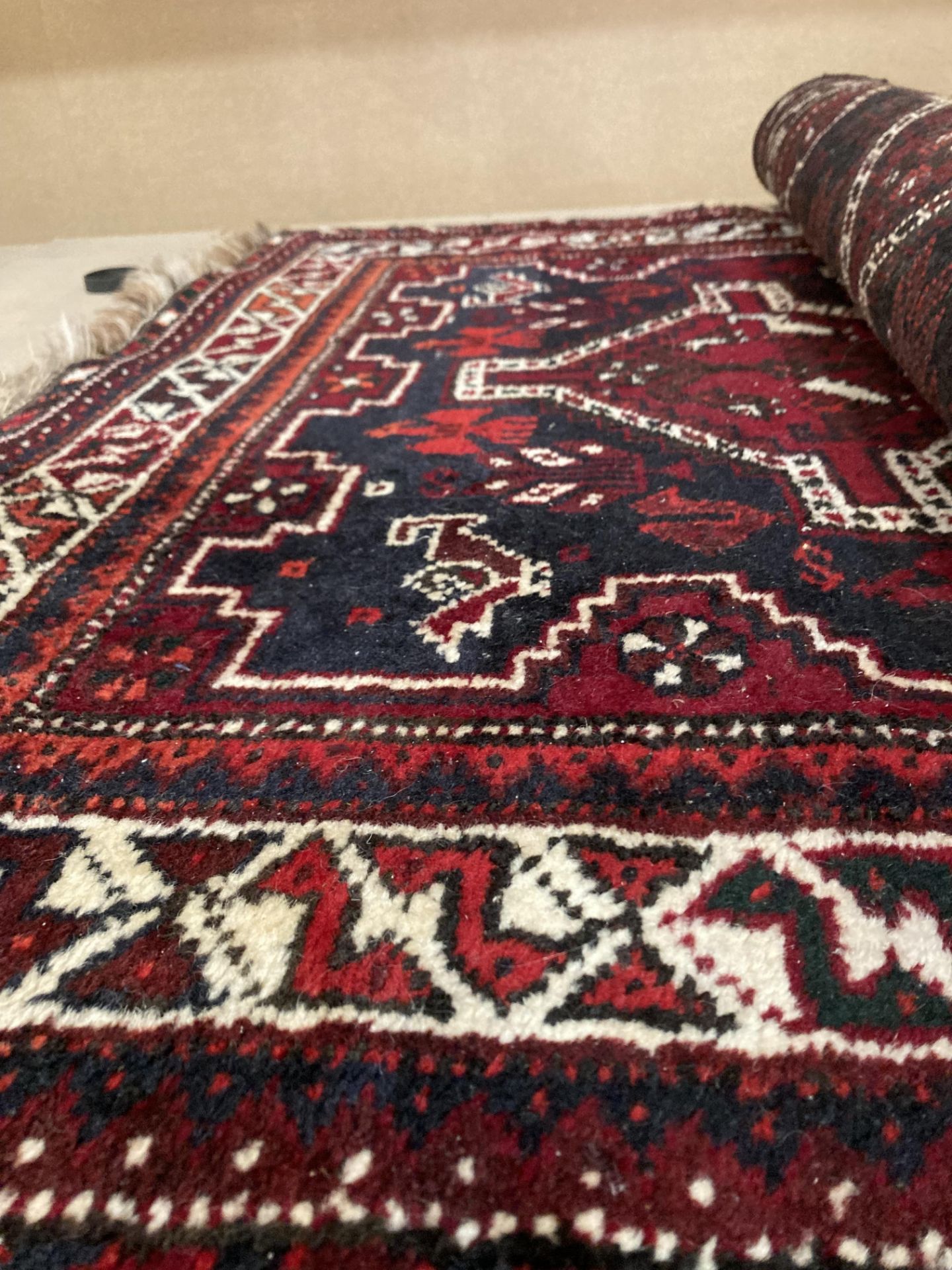 A red, blue and cream patterned oriental rug, - Image 3 of 3