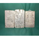 Three Oriental silver coloured metal zodiac plaques (not tested), each plaque approximately 9.