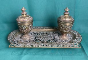 A vintage brass double ink well tray stand with perforated design (14 x 26cm long) both with