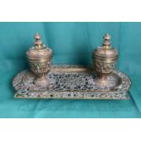 A vintage brass double ink well tray stand with perforated design (14 x 26cm long) both with