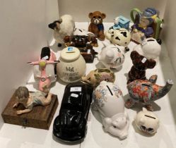 15 assorted ceramic money boxes, ceramic ram,