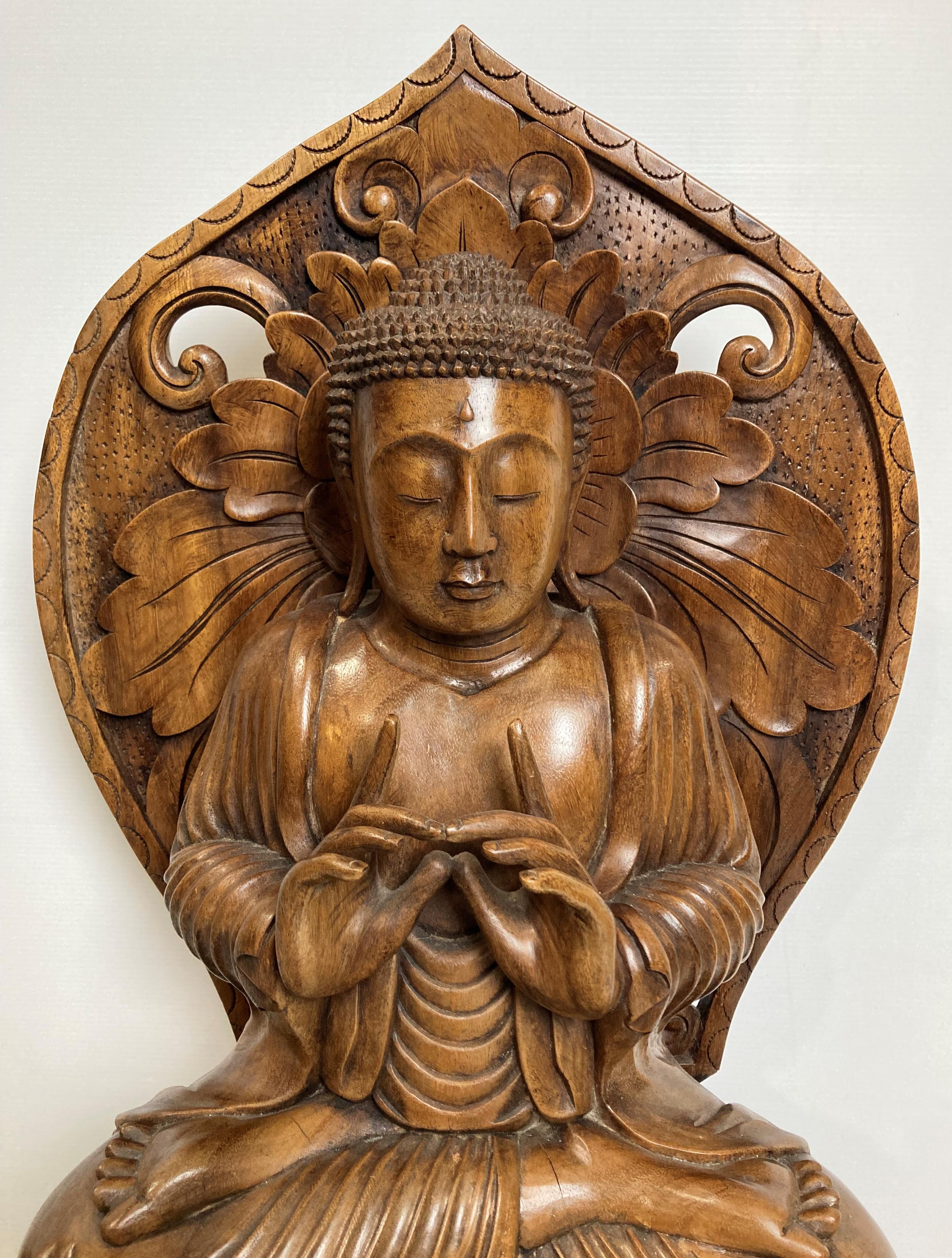 An Oriental wooden hand-carved meditating Buddha on lotus leaf - possibly Early 20th Century - 70cm - Image 2 of 5