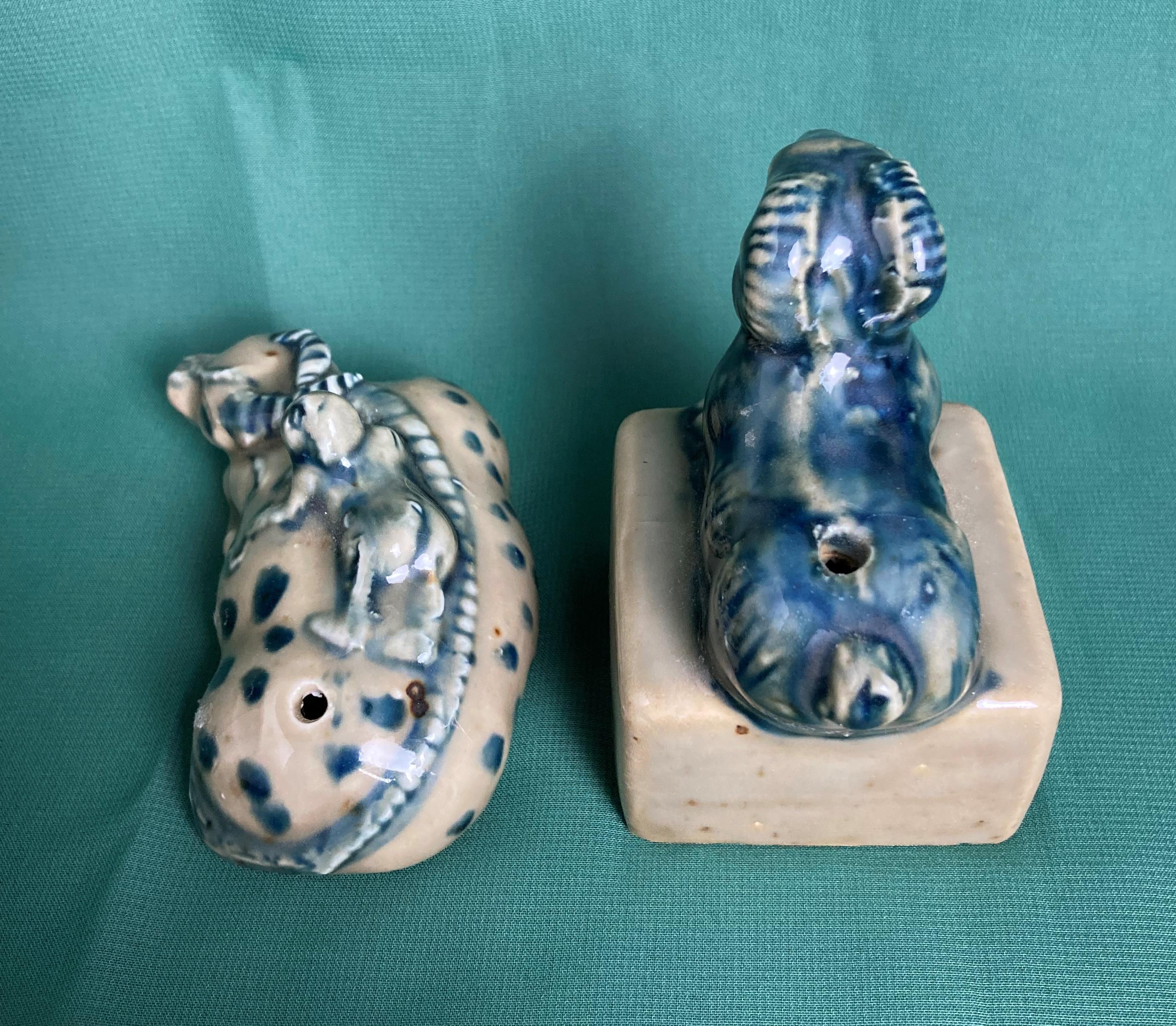 Two antique ceramic oriental 'Suiteki' water droppers including a ram on block with stamp to base - Image 4 of 5