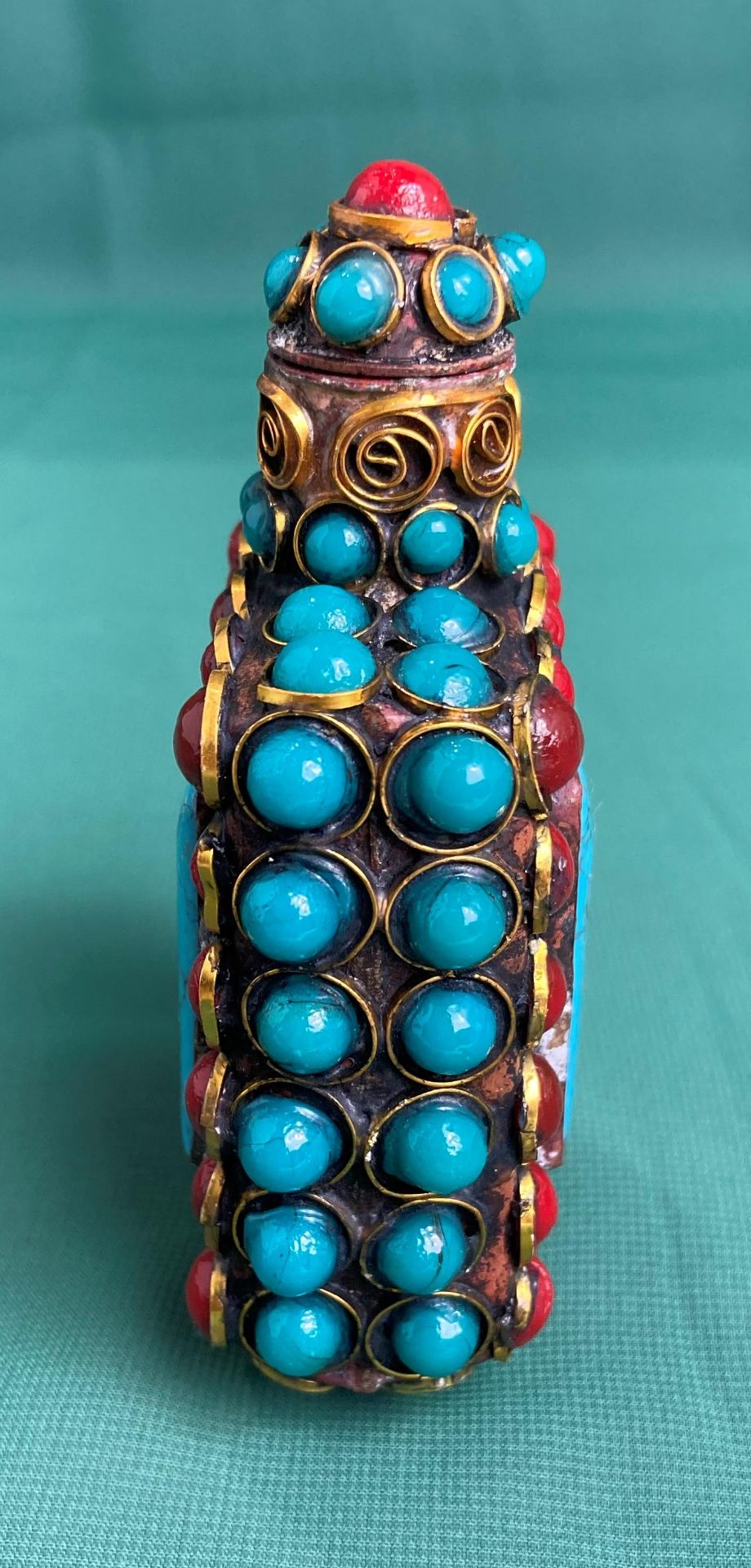 A Chinese/Tibetan hand-made metal work with deep red and turquoise coloured stones with stopper, - Image 4 of 7