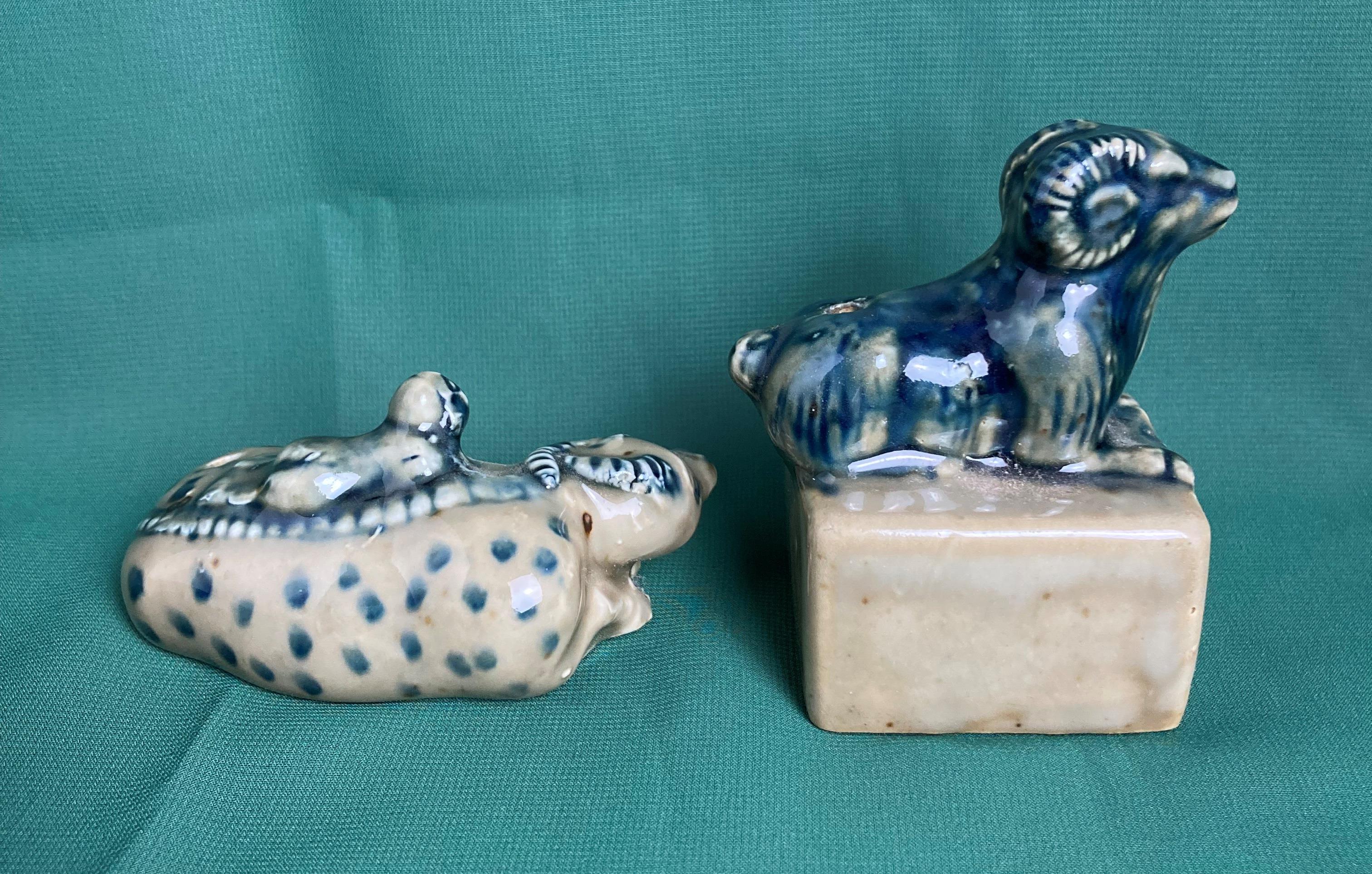 Two antique ceramic oriental 'Suiteki' water droppers including a ram on block with stamp to base - Image 2 of 5