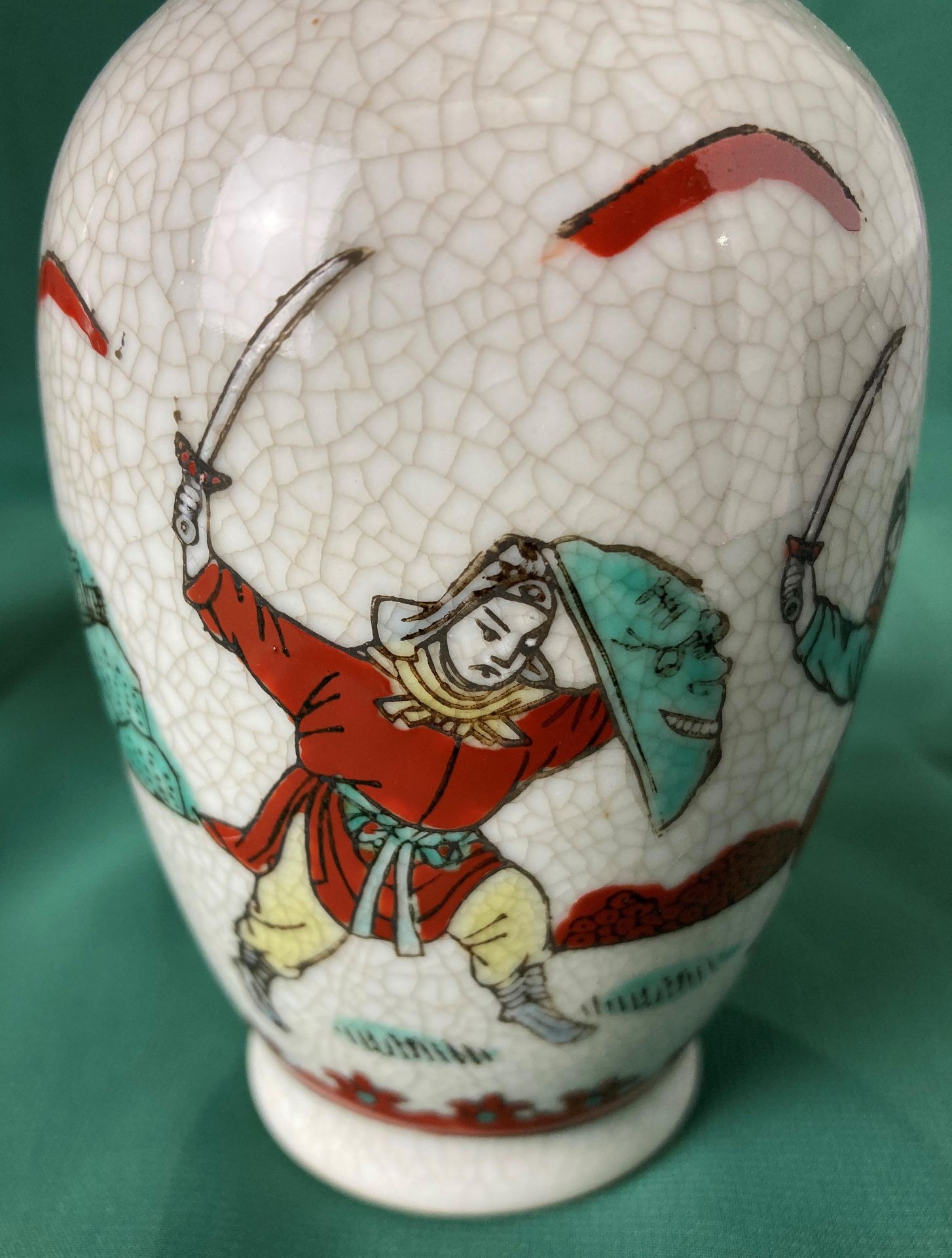A pair of Oriental vases decorated with fighting warriors in a crackle glaze and stamp to base, - Image 6 of 6