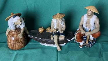 Three assorted Chinese Shiwan Mudman clay glazed figurines including Worker (20cm high),
