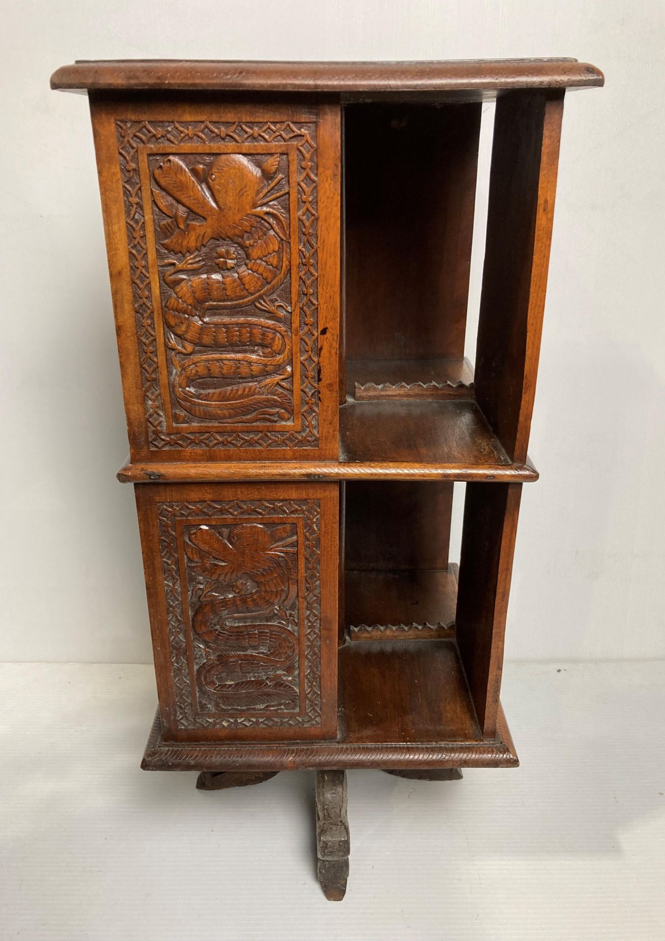 A Oriental wooden hand-carved revolving bookcase with dragons to panels and four dragon feet, - Image 3 of 10