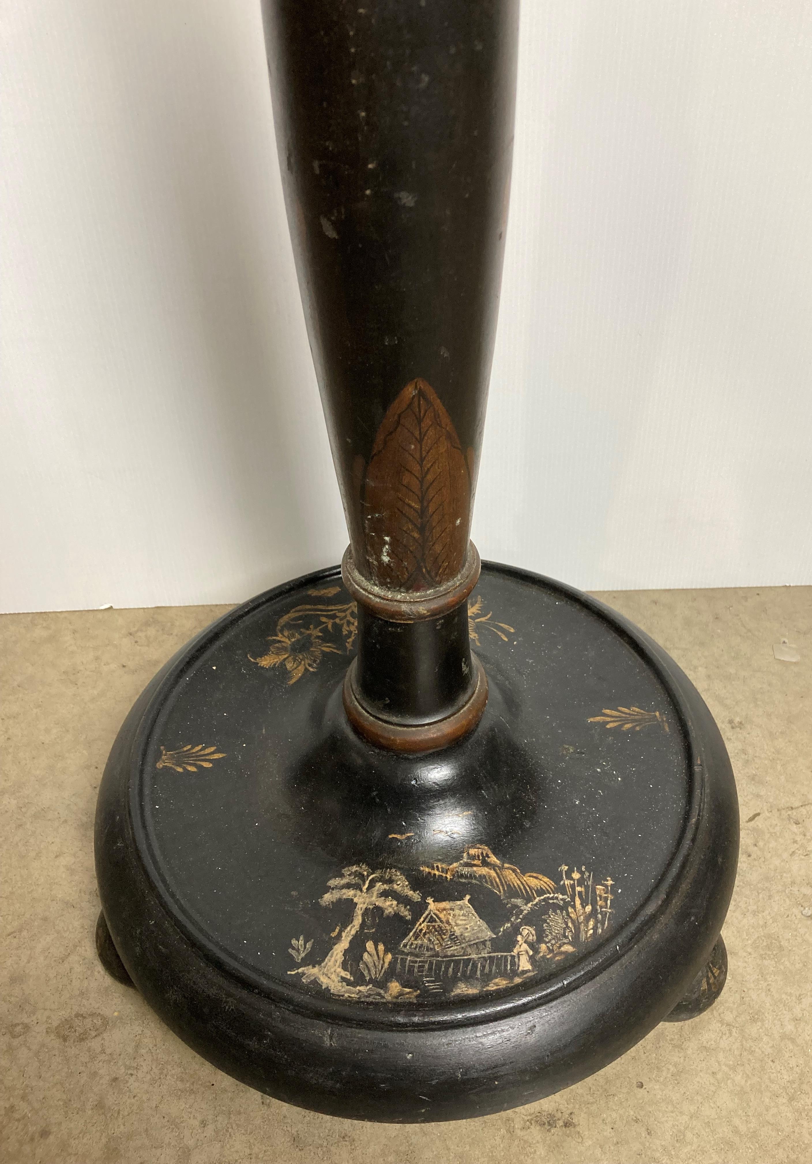 Wooden dark stained Oriental standing lamp with golden village scene (flex cut off - broken lamp - Image 3 of 5