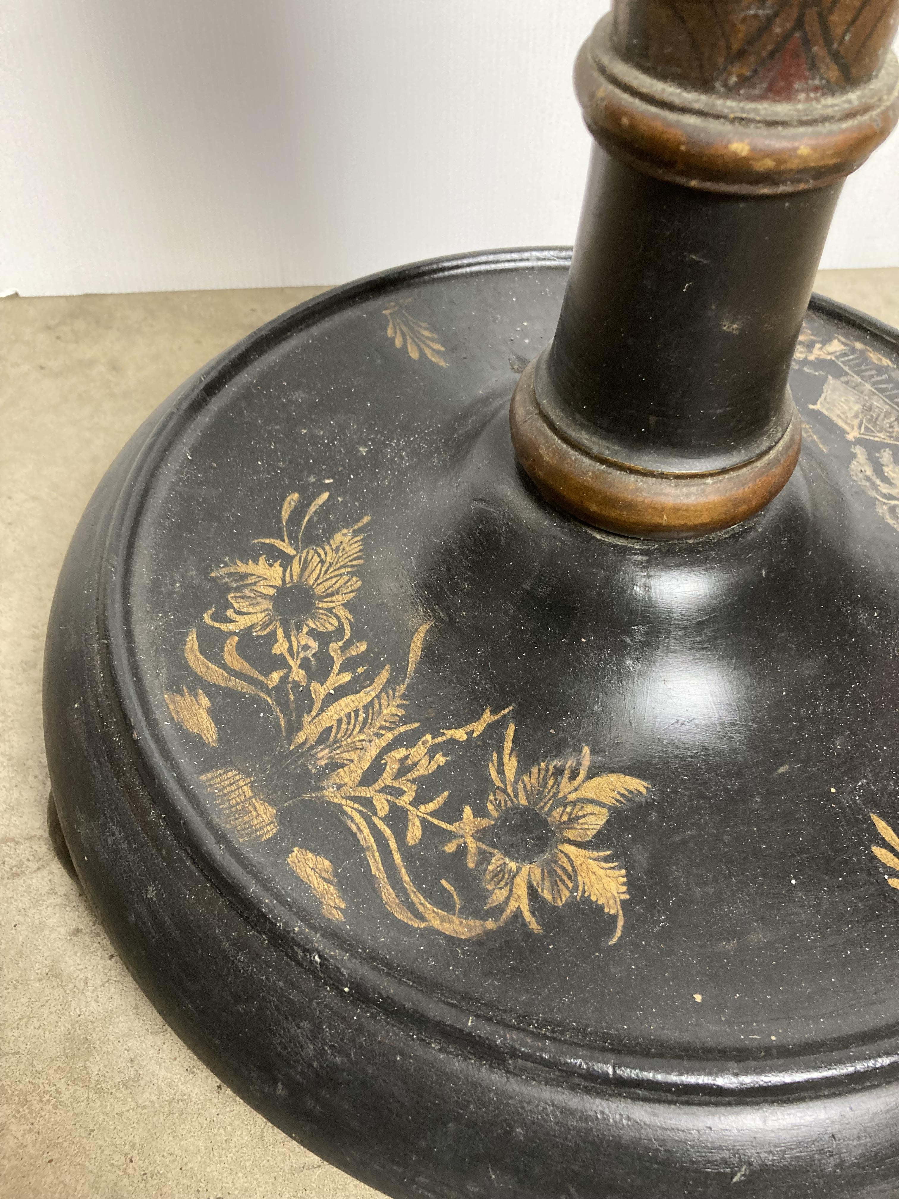 Wooden dark stained Oriental standing lamp with golden village scene (flex cut off - broken lamp - Image 2 of 5