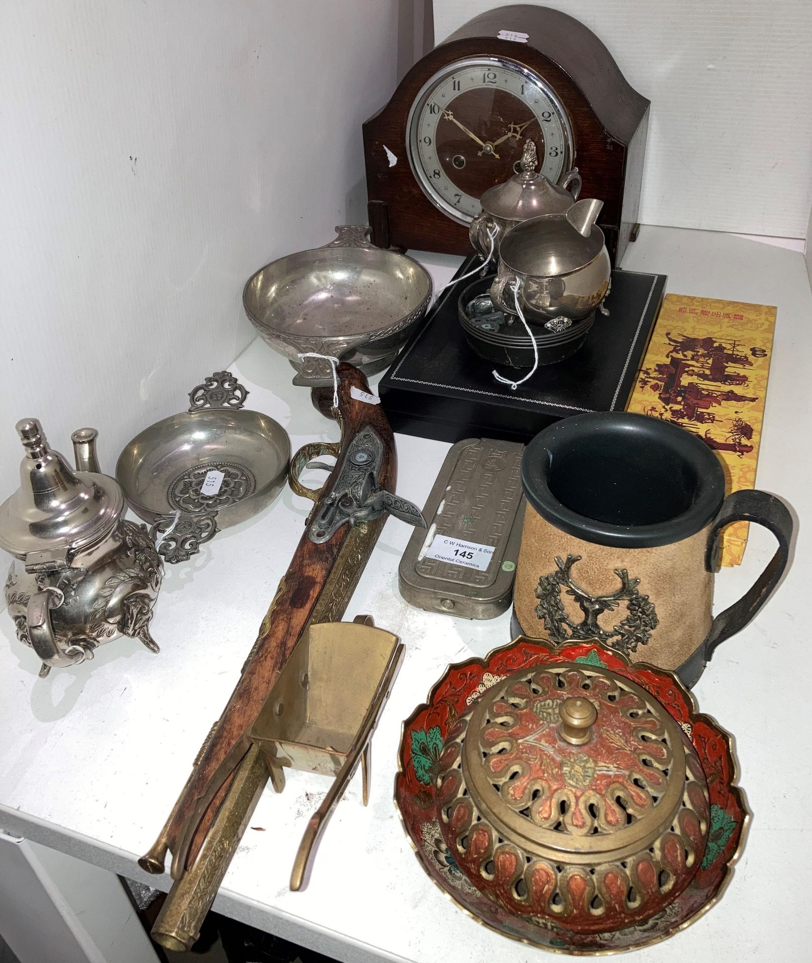 Fourteen assorted items - including Celtic pewter bowls, mahogany mantel clock, brass-ware, - Image 3 of 3