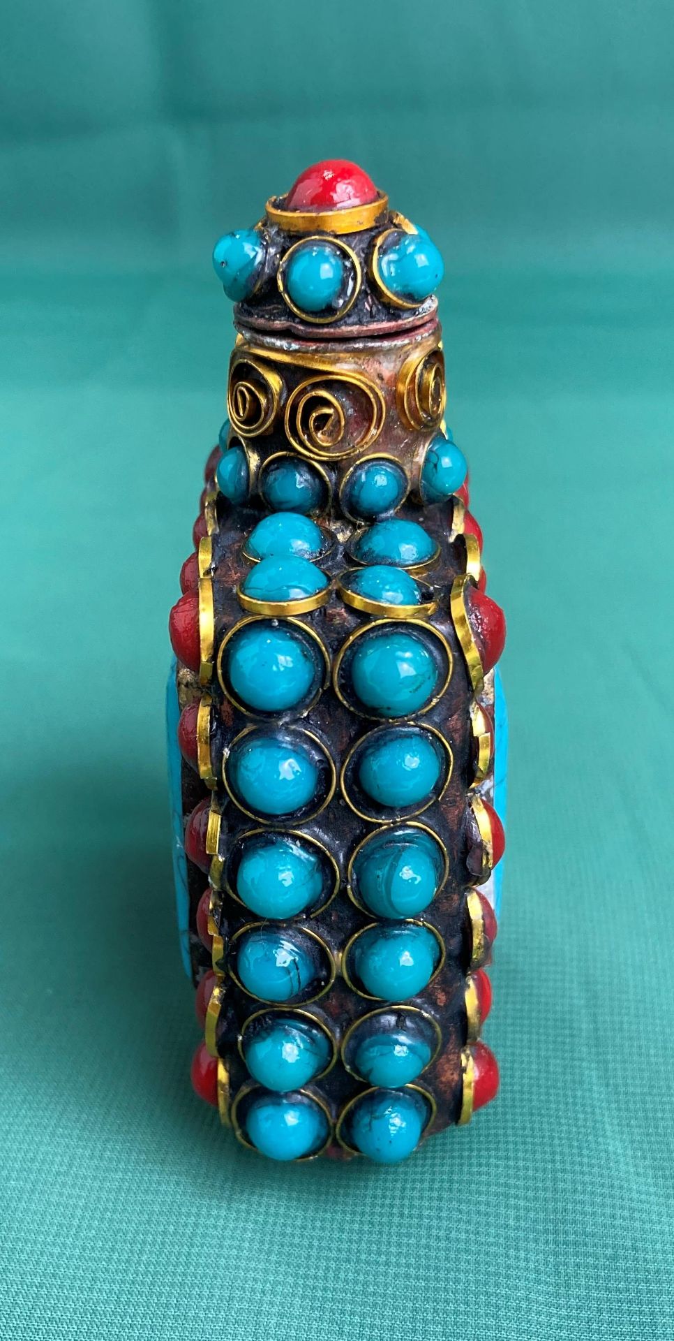 A Chinese/Tibetan hand-made metal work with deep red and turquoise coloured stones with stopper, - Image 3 of 7