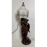 A wooden hand-carved Oriental Geisha table lamp with hand-painted Oriental shade,