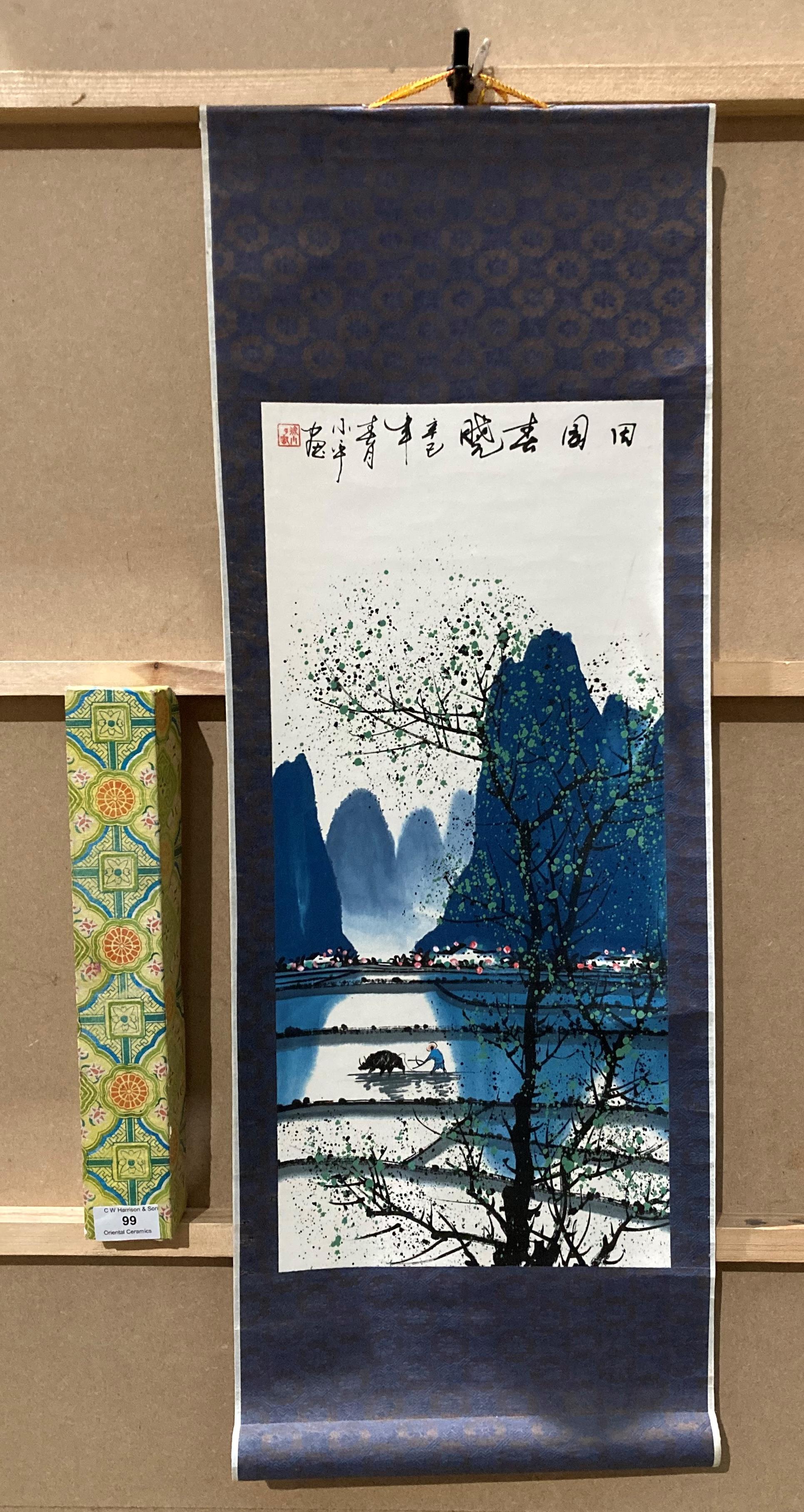 Oriental hand-painted scroll picture with blue silk surround depicting rice field scene,