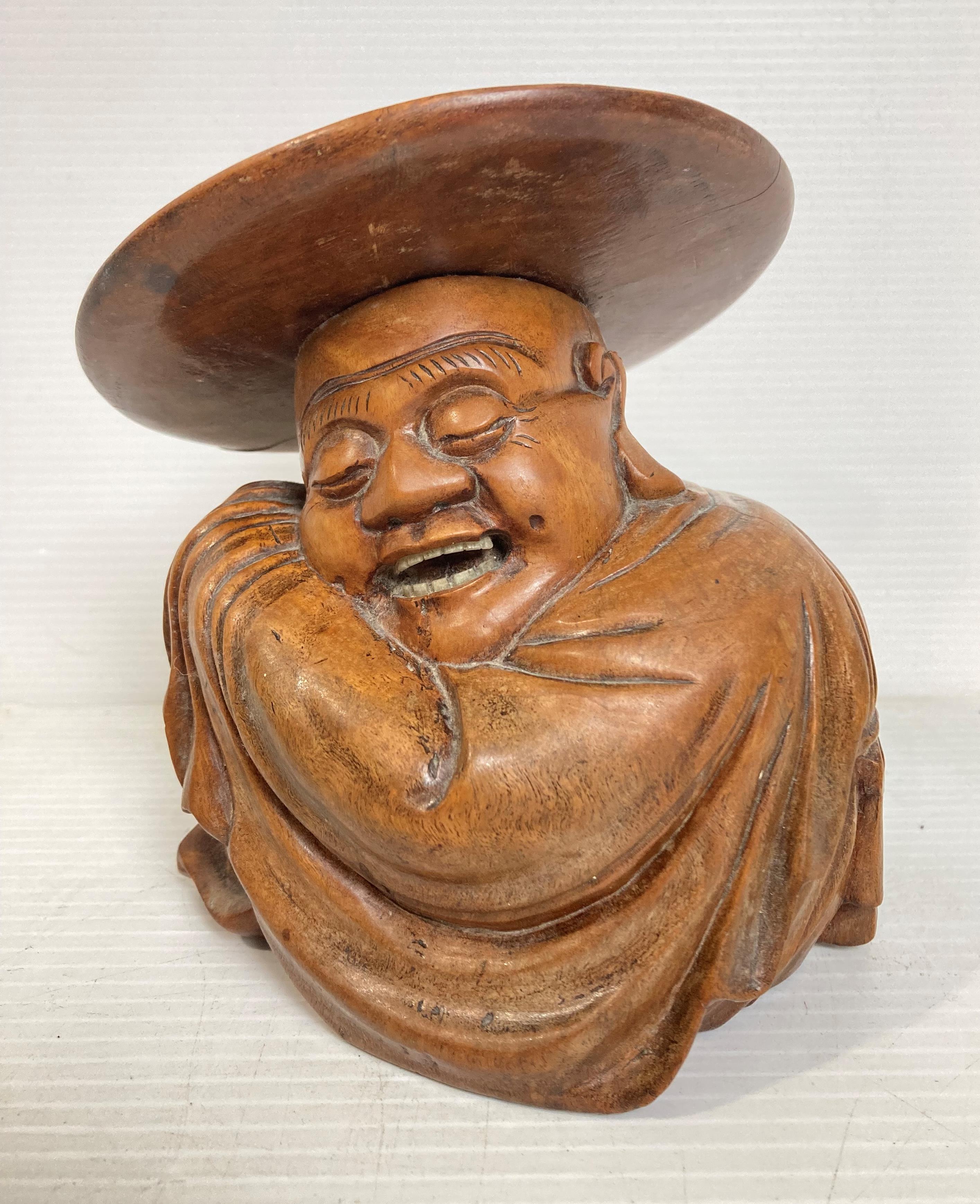 An Oriental wooden hand-carved figurine of sleeping man with engraved hat, - Image 2 of 7