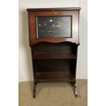 Mid-Century oak hall secretaire with hand-painted Oriental panel with drop-front over two shelves,