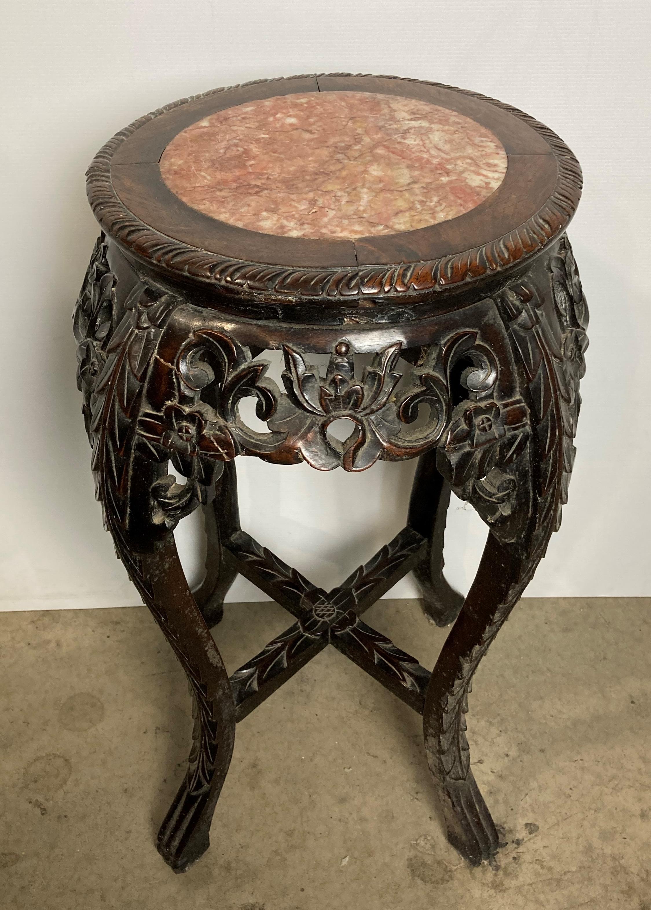 Wooden hand-carved Oriental marble-topped plant stand/jardiniere with carved lotus flowers etc and