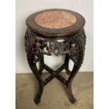 Wooden hand-carved Oriental marble-topped plant stand/jardiniere with carved lotus flowers etc and