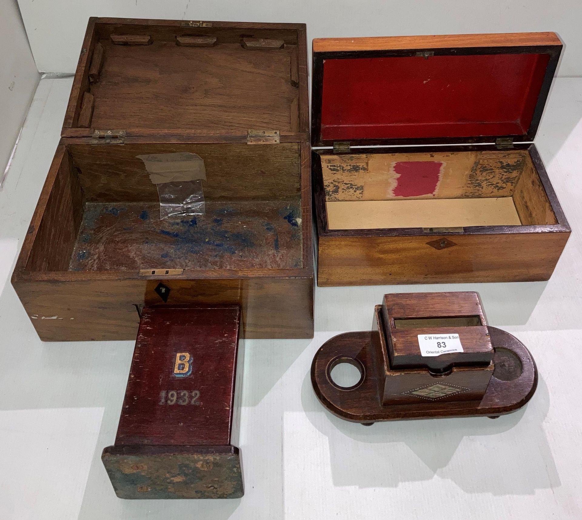 Four vintage wooden items including 1932 money box, light mahogany finished sarcophagus box, - Image 2 of 2