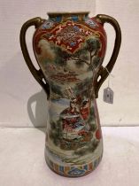 Large Chinese hand-painted vase with golden handles,