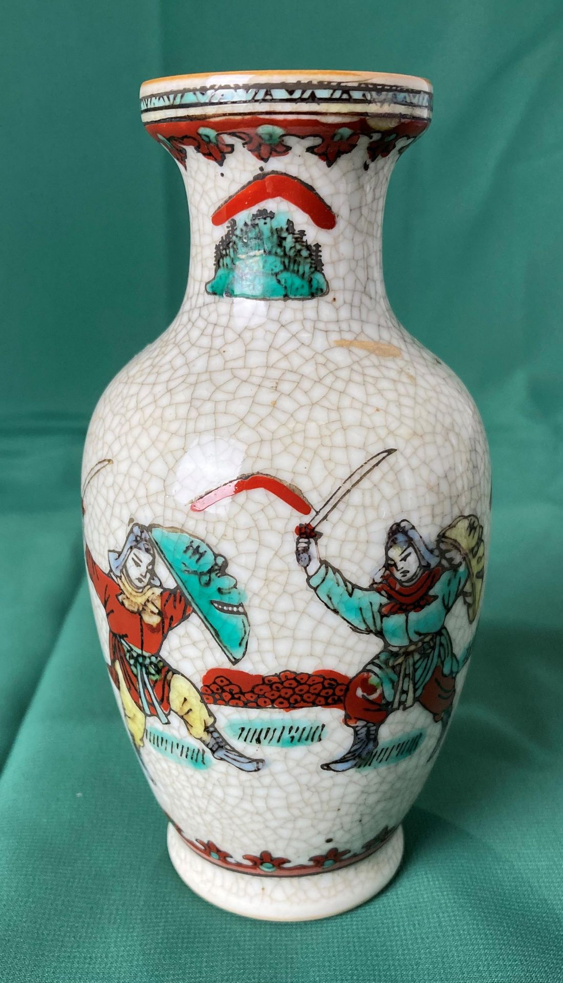 A pair of Oriental vases decorated with fighting warriors in a crackle glaze and stamp to base, - Image 3 of 6