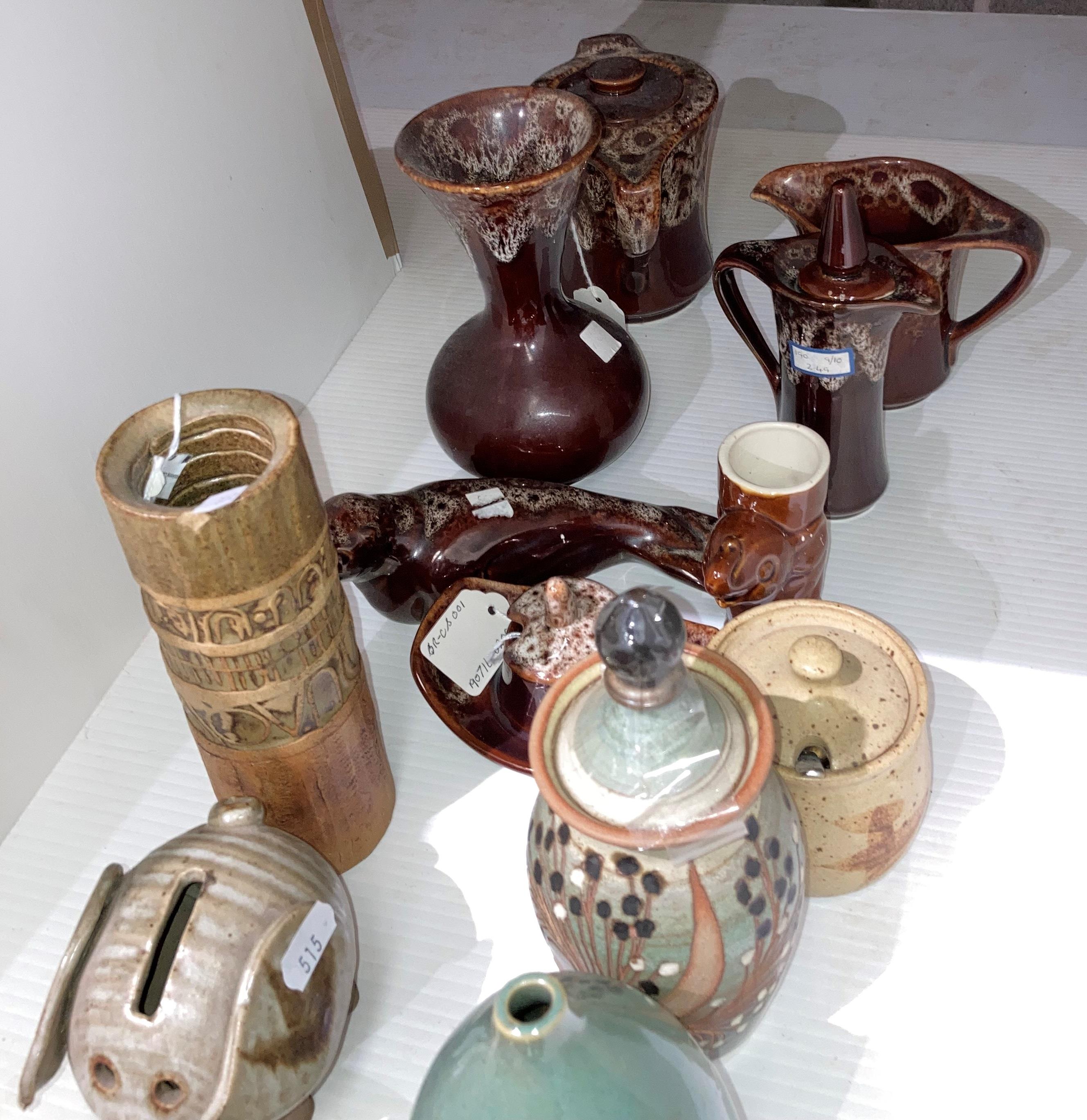 Thirteen assorted pottery and ceramics including brown glazed Devon ware, - Image 2 of 2