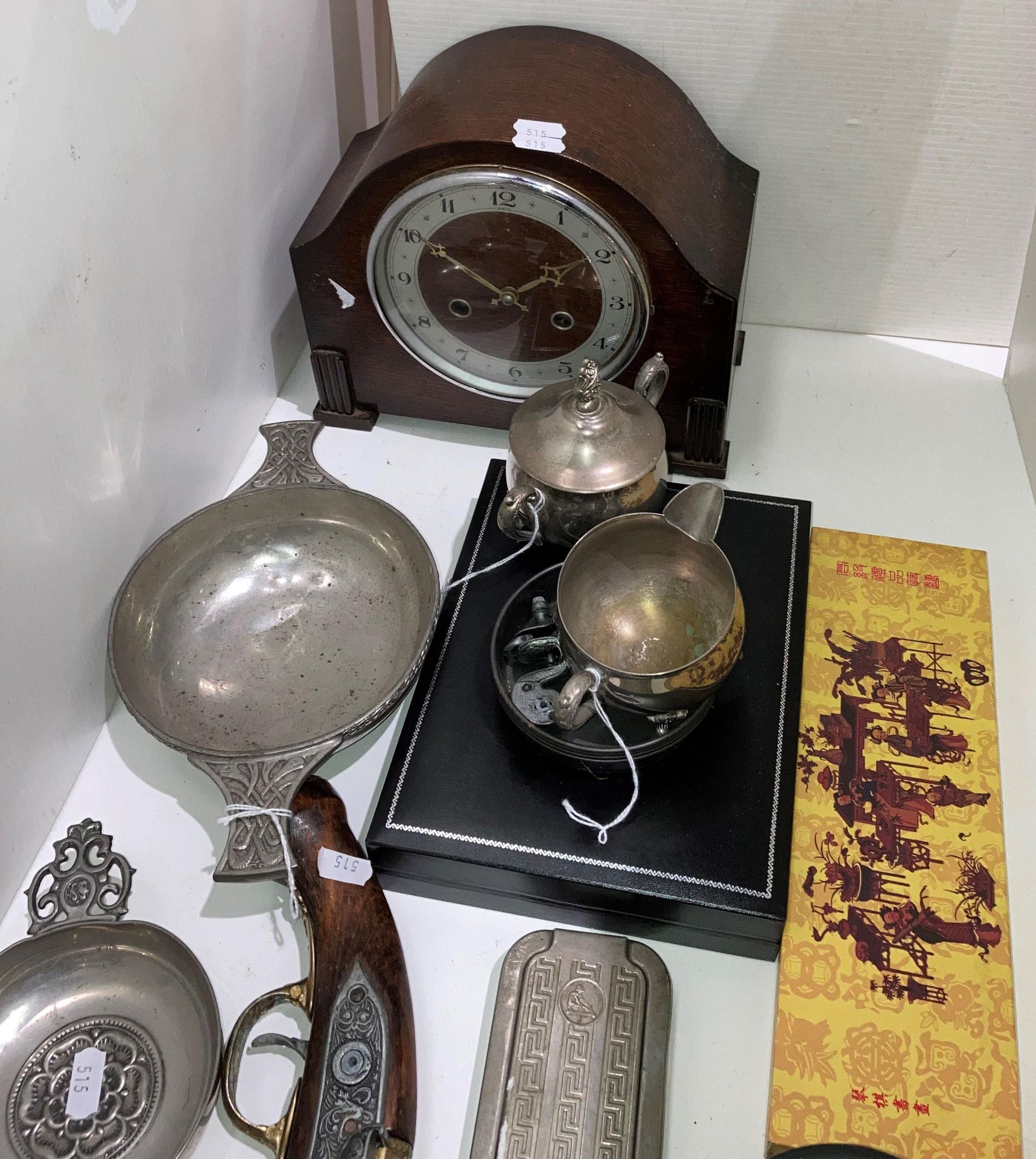 Fourteen assorted items - including Celtic pewter bowls, mahogany mantel clock, brass-ware, - Image 2 of 3