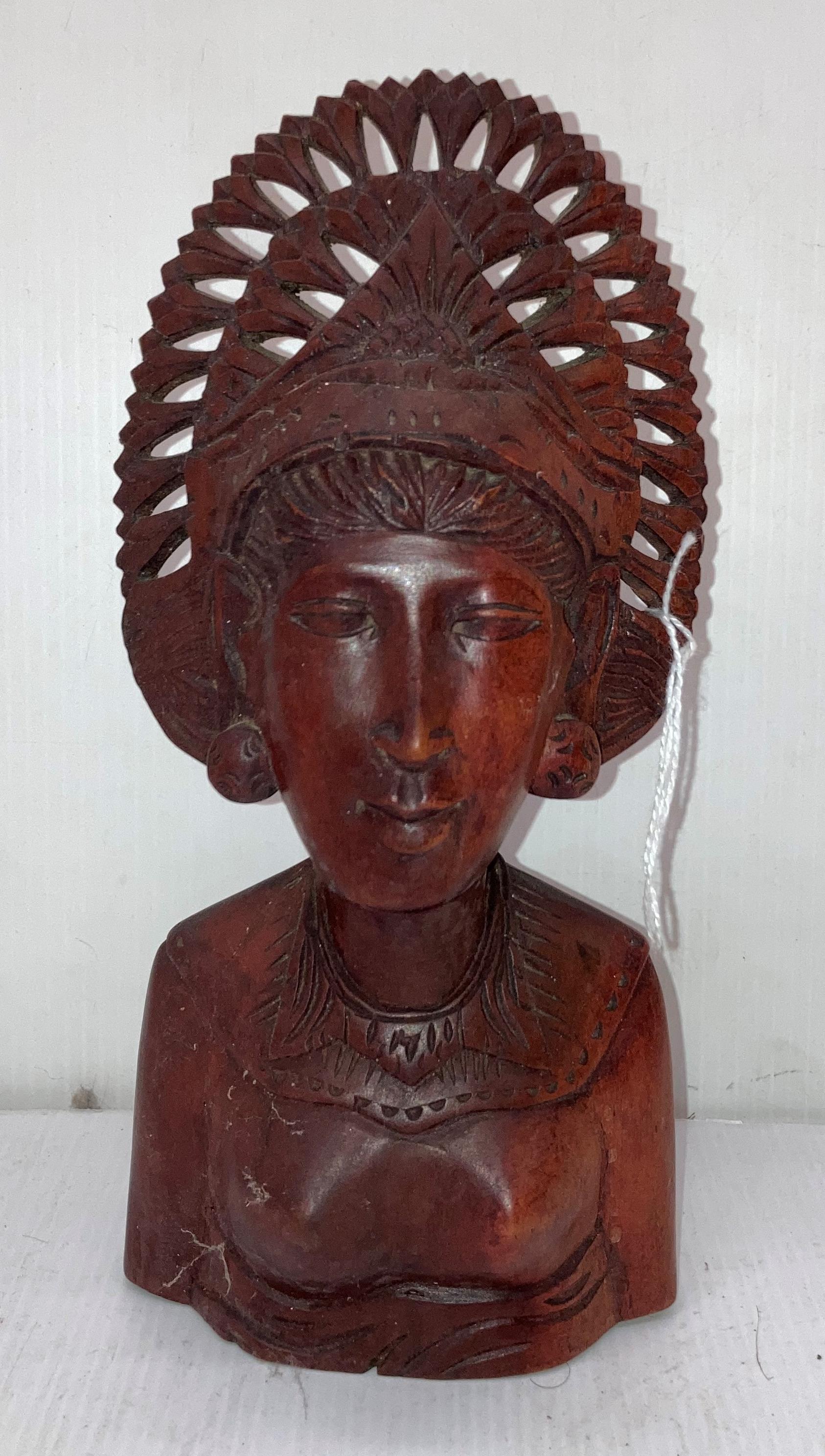 Three wooden hand-carved items including a woman in head dress from Bali, - Image 2 of 3