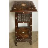 Early 20th Century Syrian Moorish carved two-tier stand with square top and mother of pearl inlay