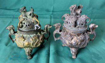 Pair of bronze Circa 19th Century Censor/Incense Burners decorated with dragons and Foo Dog to lid,