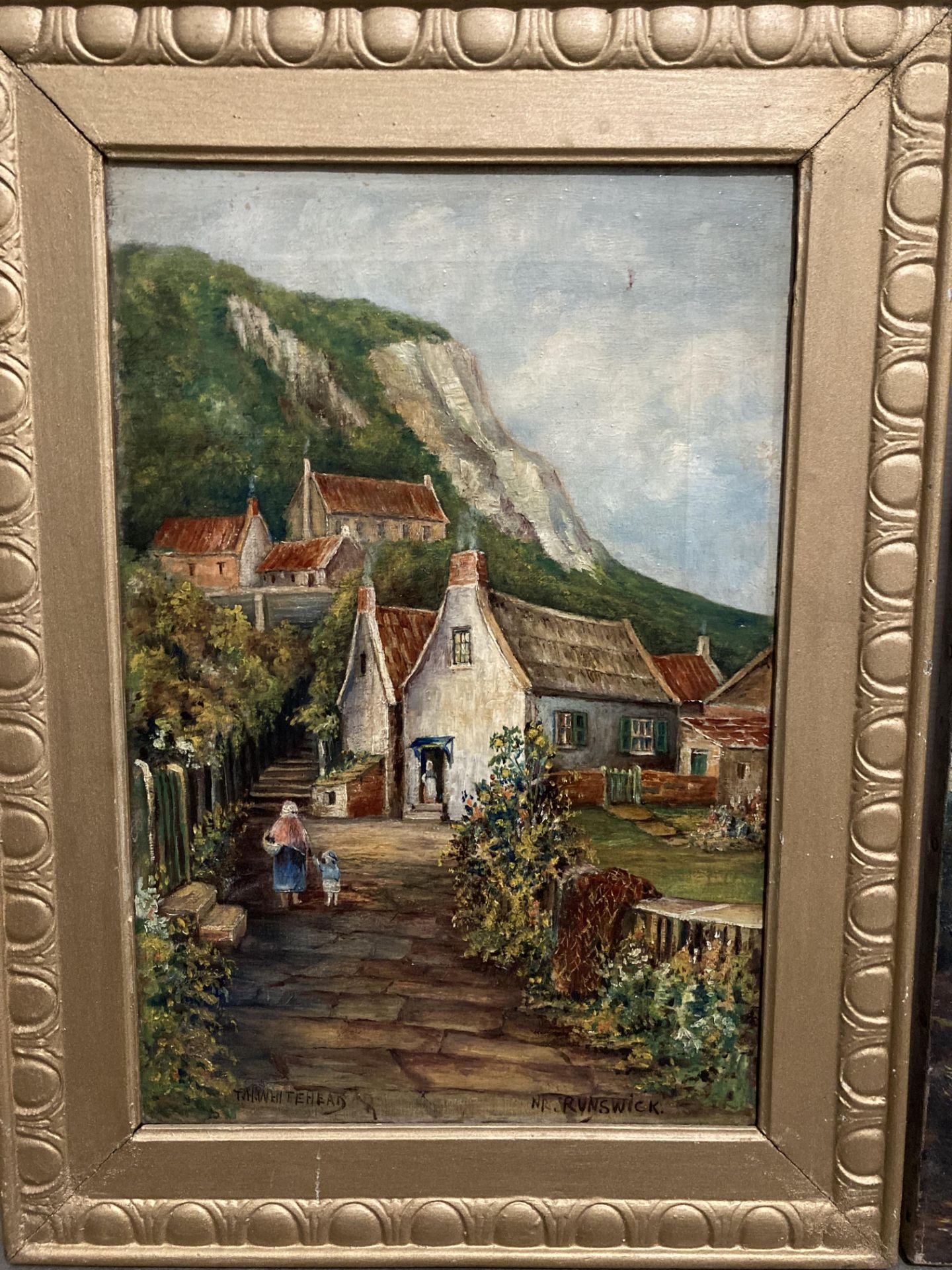 T H Whitehead framed oil on canvas of village scene 'NR Runswick' (30cm x 45cm) and a vintage oil - Image 2 of 6