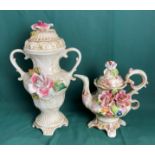 Italian Capodimonte vase (29cm high) with stamp to base and a Capodimonte-style teapot,