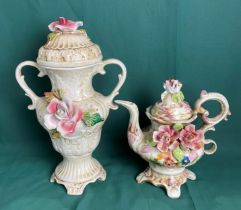 Italian Capodimonte vase (29cm high) with stamp to base and a Capodimonte-style teapot,