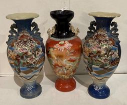 Pair of Oriental hand-painted tall vases (47cm high) and one other vase (47cm high) hand-painted