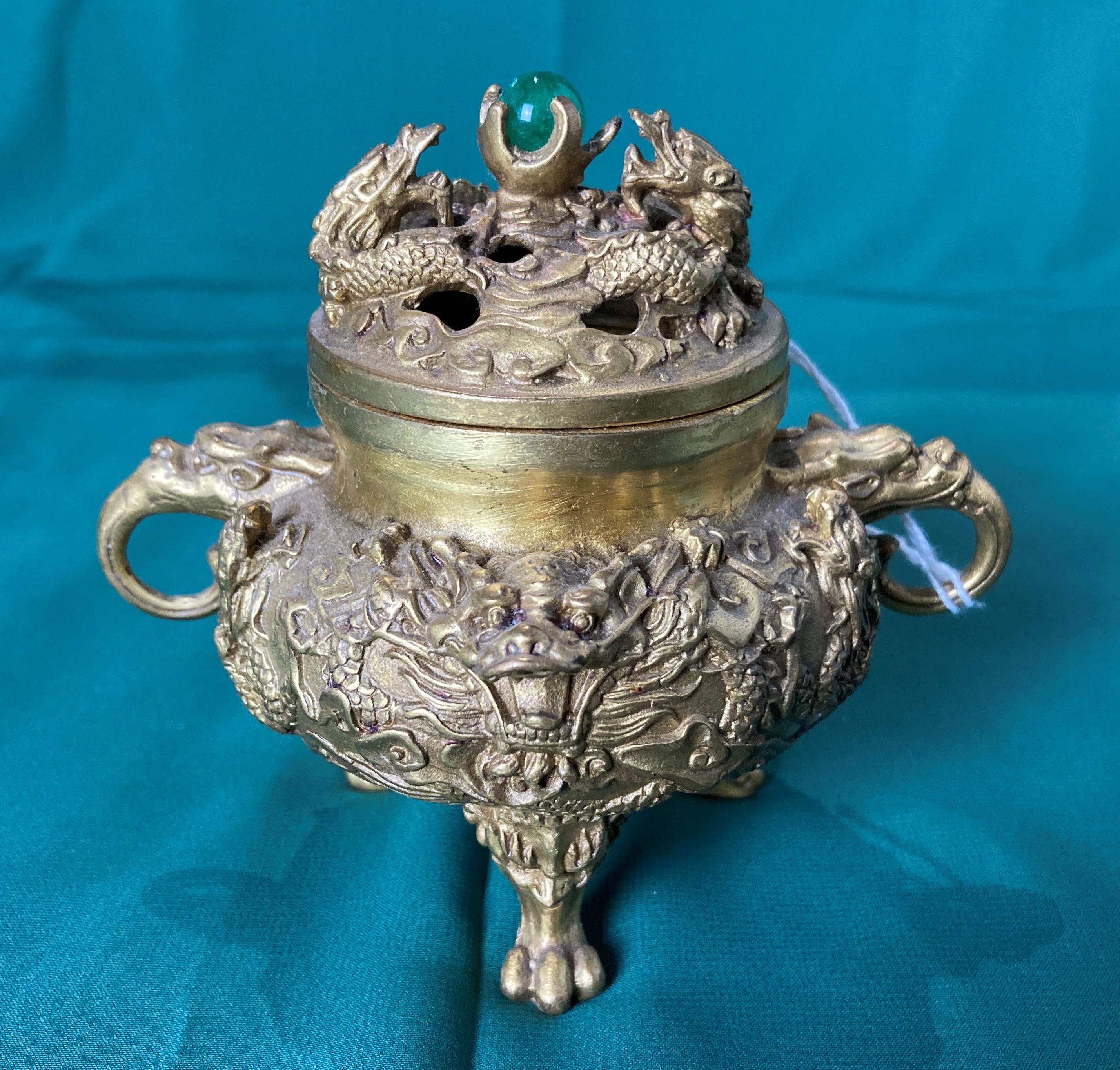 Two Oriental Censor Burners in bronze/brass - one with 9 dragons and holding green stone (Pearl of - Image 2 of 6