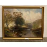 W Linsley (1859-1944) framed oil on canvas of river and landscape scene with signature to bottom