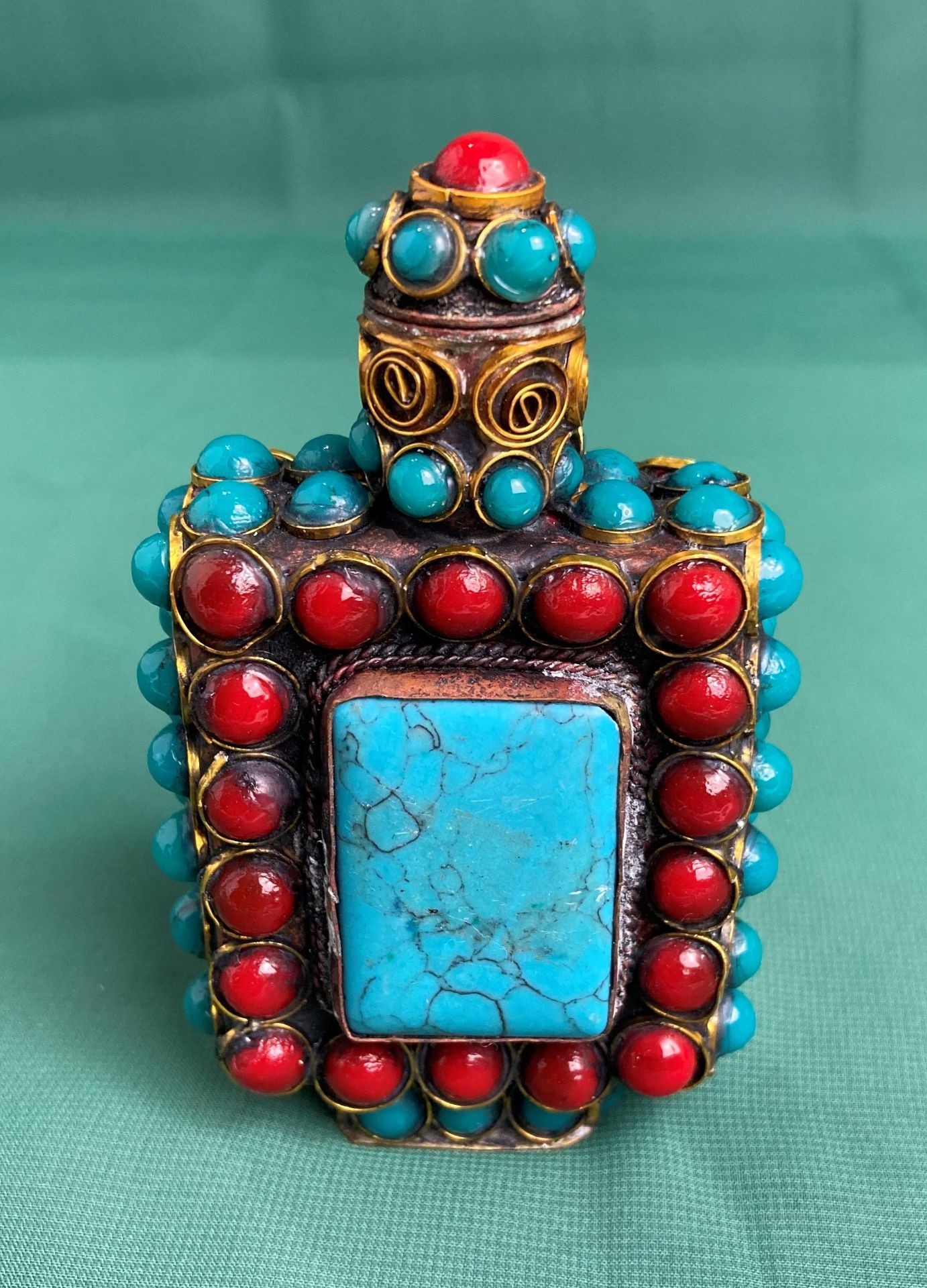 A Chinese/Tibetan hand-made metal work with deep red and turquoise coloured stones with stopper, - Image 2 of 7