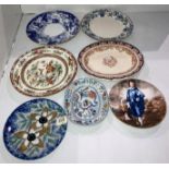 Seven assorted plates including a hand-painted oval plate, Wedgwood oval serving plate,