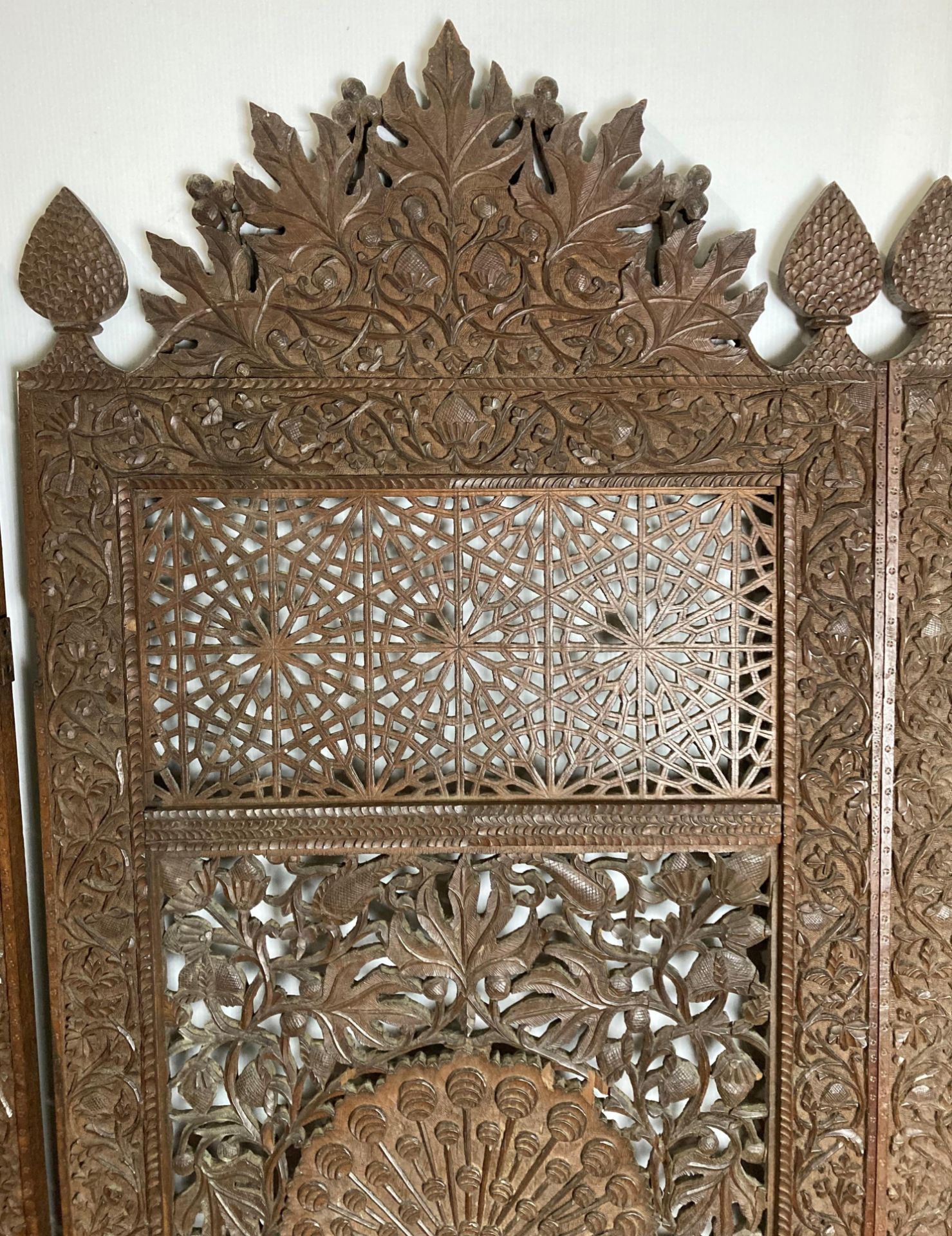 An Asian wooden hand-carved three-panel display screen with detailed peacock to each panel and - Image 6 of 13