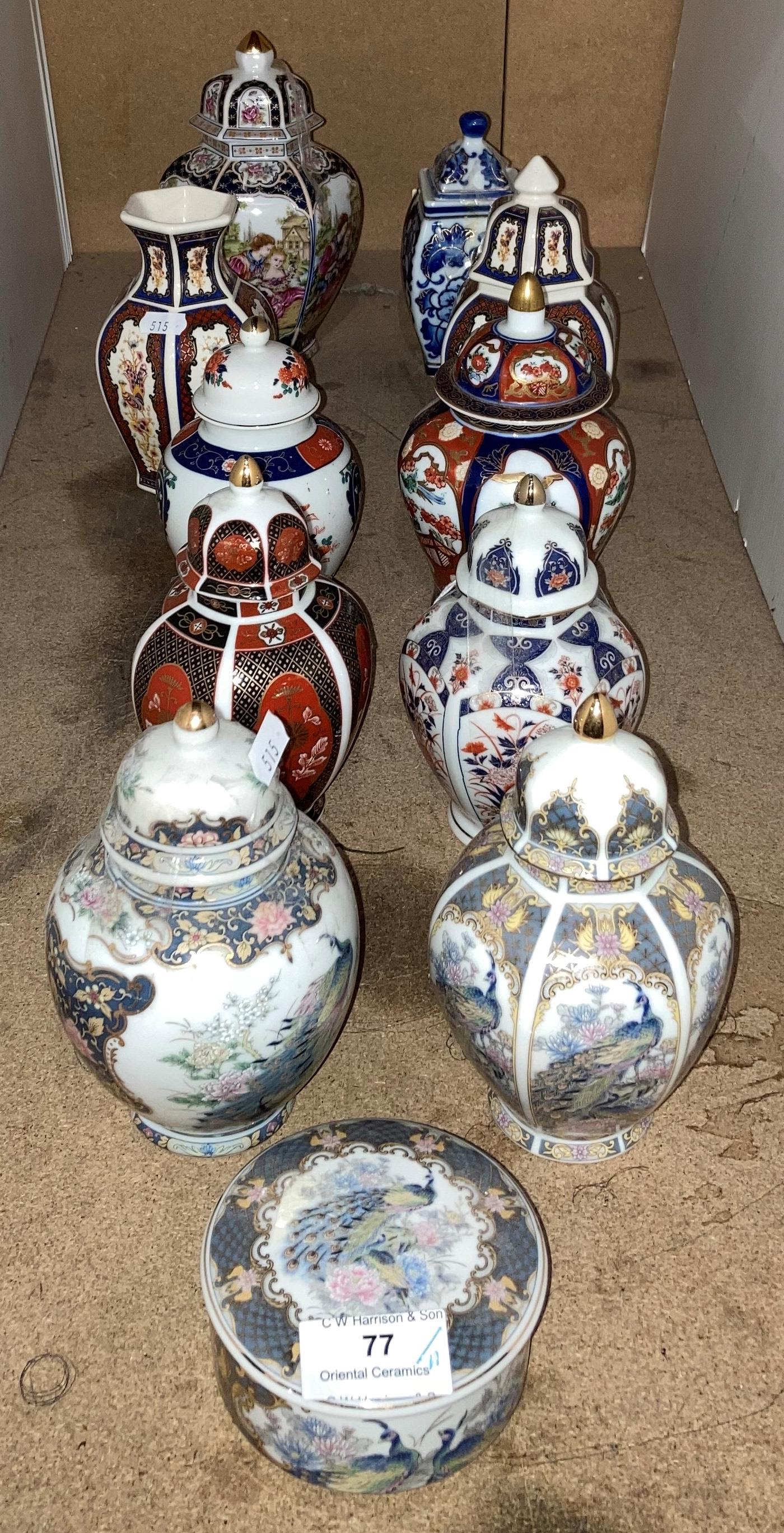 Nine assorted hand-painted Oriental urns/ginger jars (some with stamps to bases) in Imari,