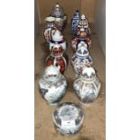 Nine assorted hand-painted Oriental urns/ginger jars (some with stamps to bases) in Imari,