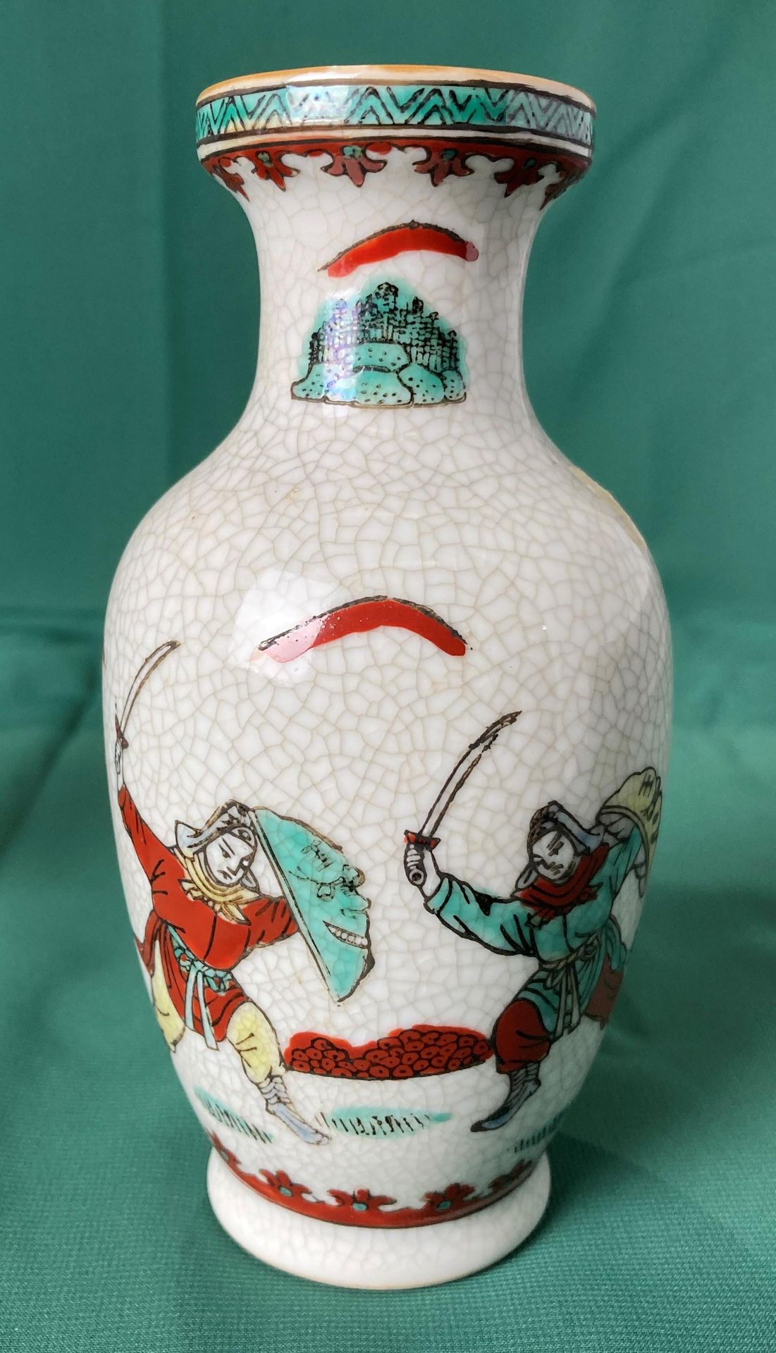 A pair of Oriental vases decorated with fighting warriors in a crackle glaze and stamp to base, - Image 2 of 6
