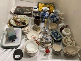 Contents to part of table - approximately thirty assorted ceramic items including a pair of blue