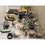 Contents to part of table - approximately thirty assorted ceramic items including a pair of blue