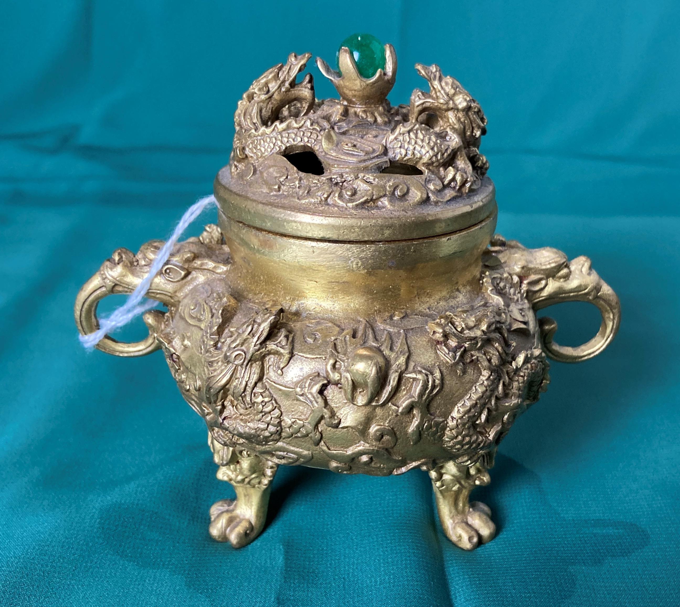 Two Oriental Censor Burners in bronze/brass - one with 9 dragons and holding green stone (Pearl of - Image 3 of 6