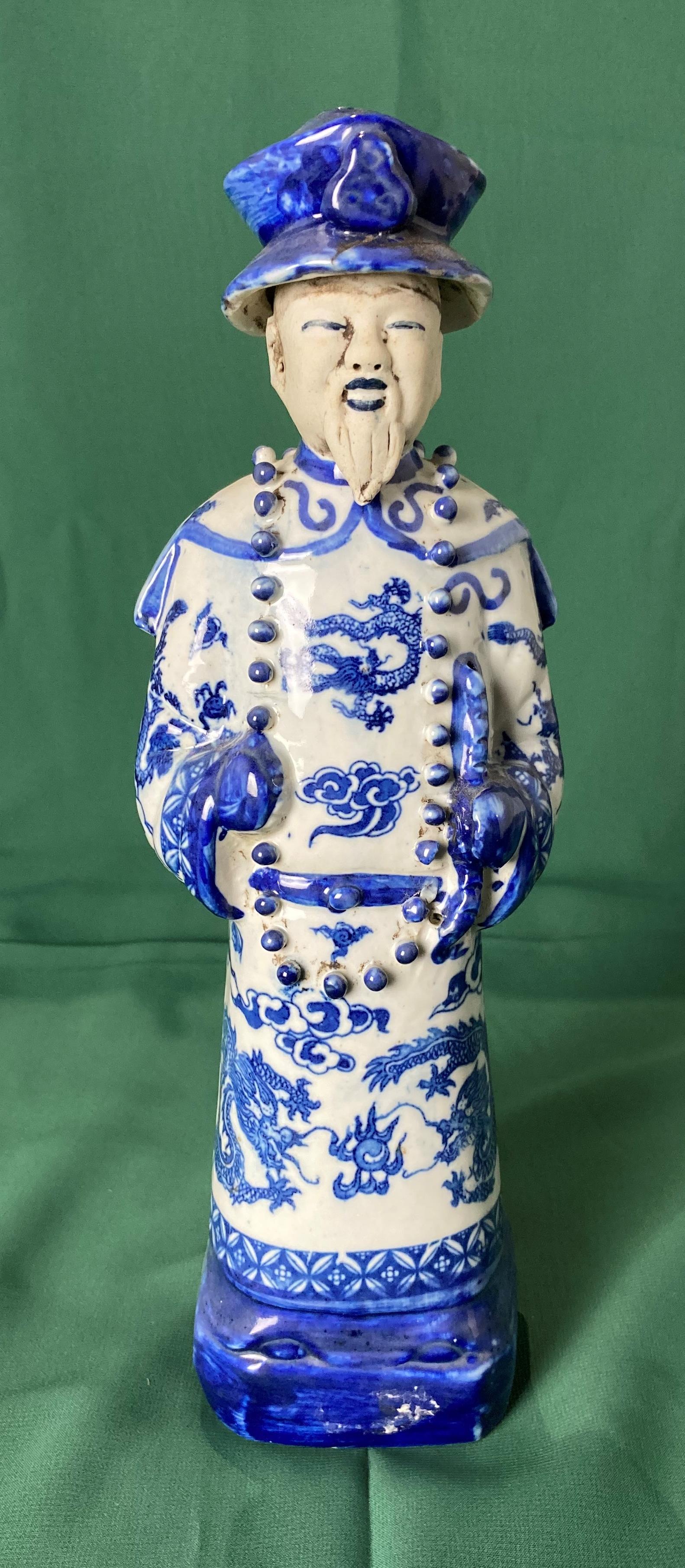 Set of three Chinese Emperors in blue and white ceramic with dragons (each 29cm high) with stamp to - Image 4 of 6