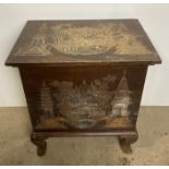 An Oriental hand-carved lift-top single-drawer storage box with internal lift-out tray,