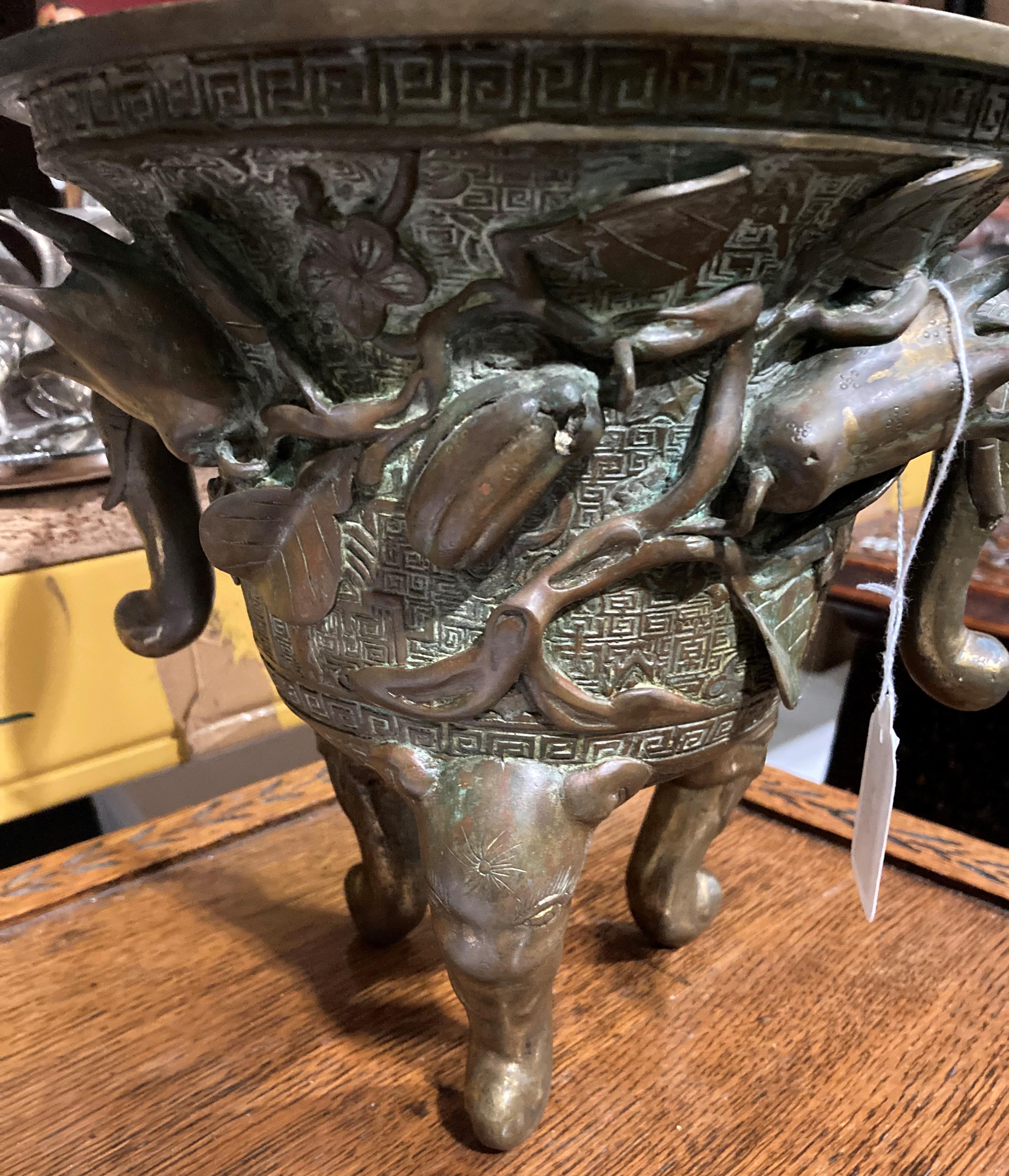 An Oriental bronze incense burner with elephant head legs and two elephant head handles with - Image 9 of 21