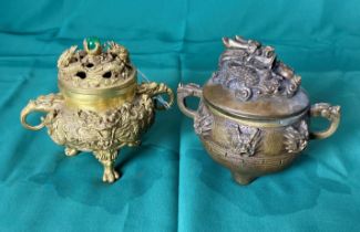 Two Oriental Censor Burners in bronze/brass - one with 9 dragons and holding green stone (Pearl of